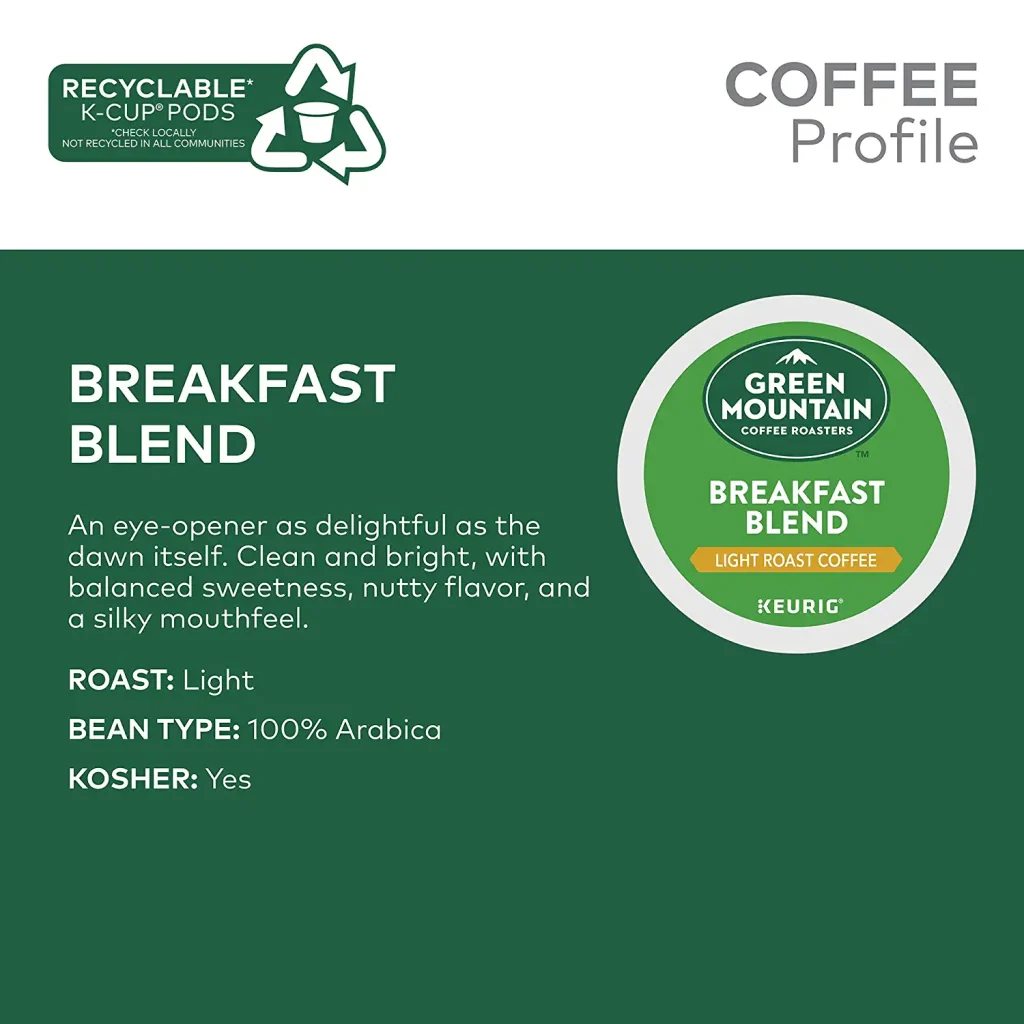 Green Mountain Coffee Roasters Breakfast Blend Light Roast K-Cup Pods, 96 Count