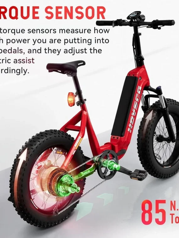 HOVSCO Folding Electric Bike, 750W Step-Thru 20 inch Fat Tire Ebike, 28 MPH, 48V 15Ah Removable Battery, Dual Hydraulic Suspension & Brake, Red