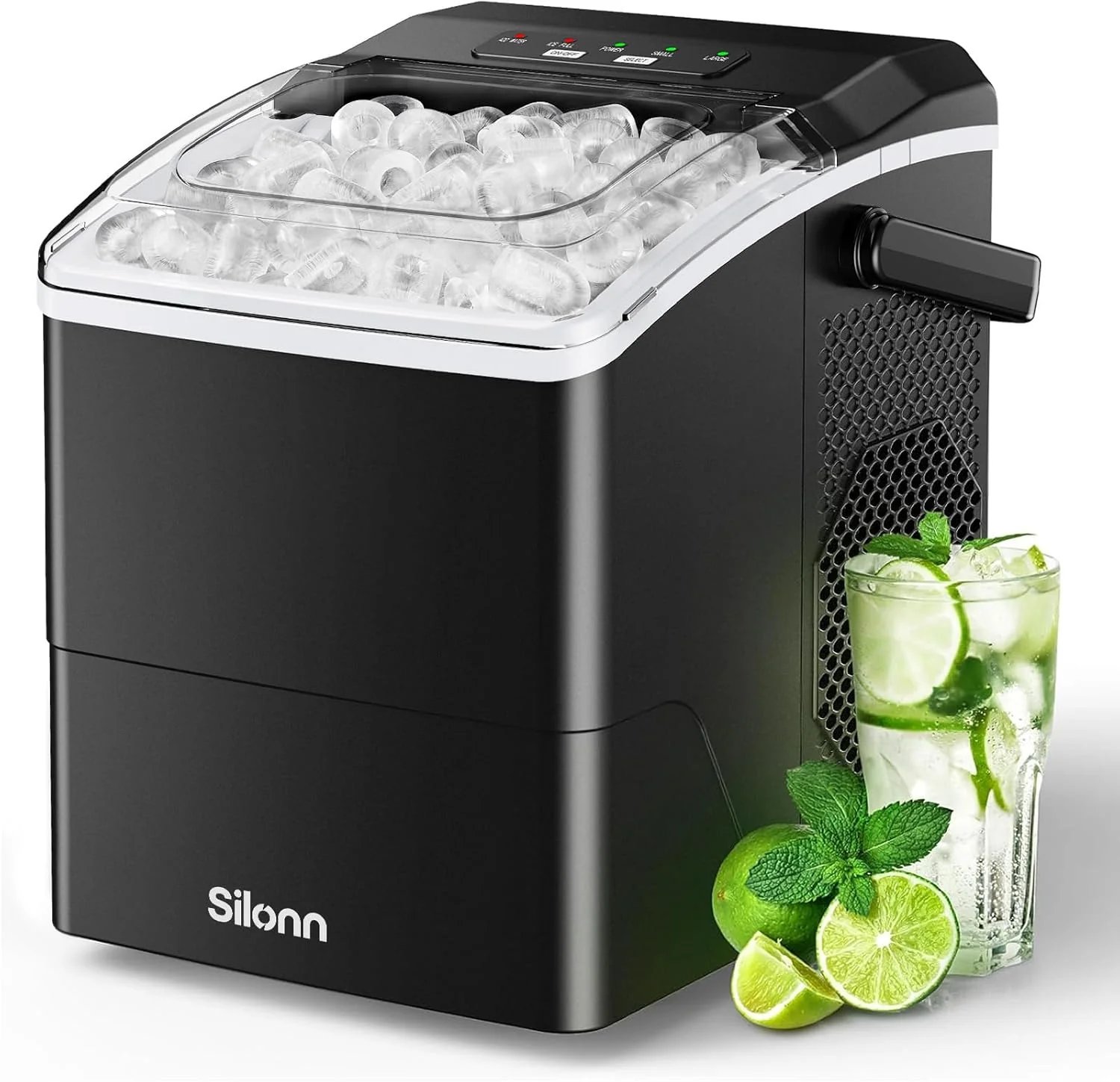 Silonn Countertop Ice Maker, 9 Cubes Ready in 6 Mins, 26lbs in 24Hrs, Portable Ice Machine with Self-Cleaning, 2 Sizes of Bullet Ice for Home/Kitchen/Party/RV, Black
