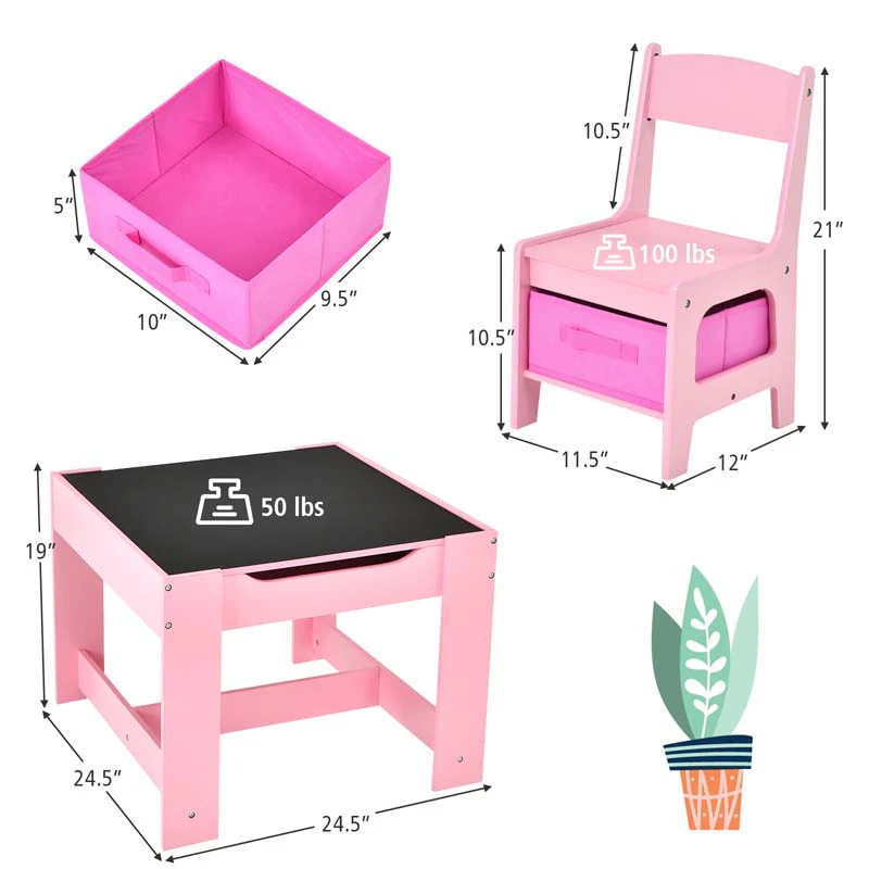 3-in-1 Kids Wood Table Chairs Set with Blackboard & Storage Drawers, Children Multi Activity Table for Learning Playing Drawing
