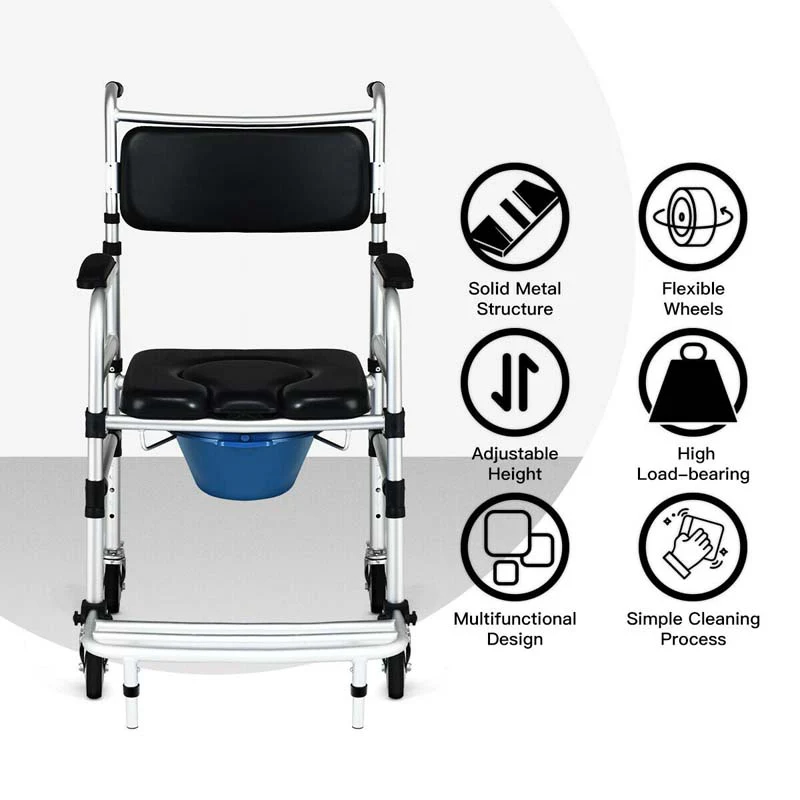2-in-1 Foldable Shower Commode Wheelchair, Aluminum Alloy Transport Chair Toilet Bedside Wheelchair with Commode