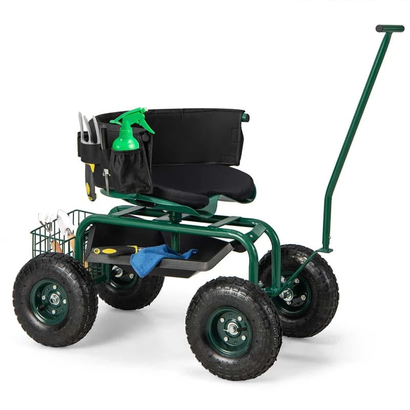 Green Rolling Garden Cart Workseat Garden Scooter with 360 Degree Swivel Cushioned Seat & Tool Storage, 2 Steering Handles
