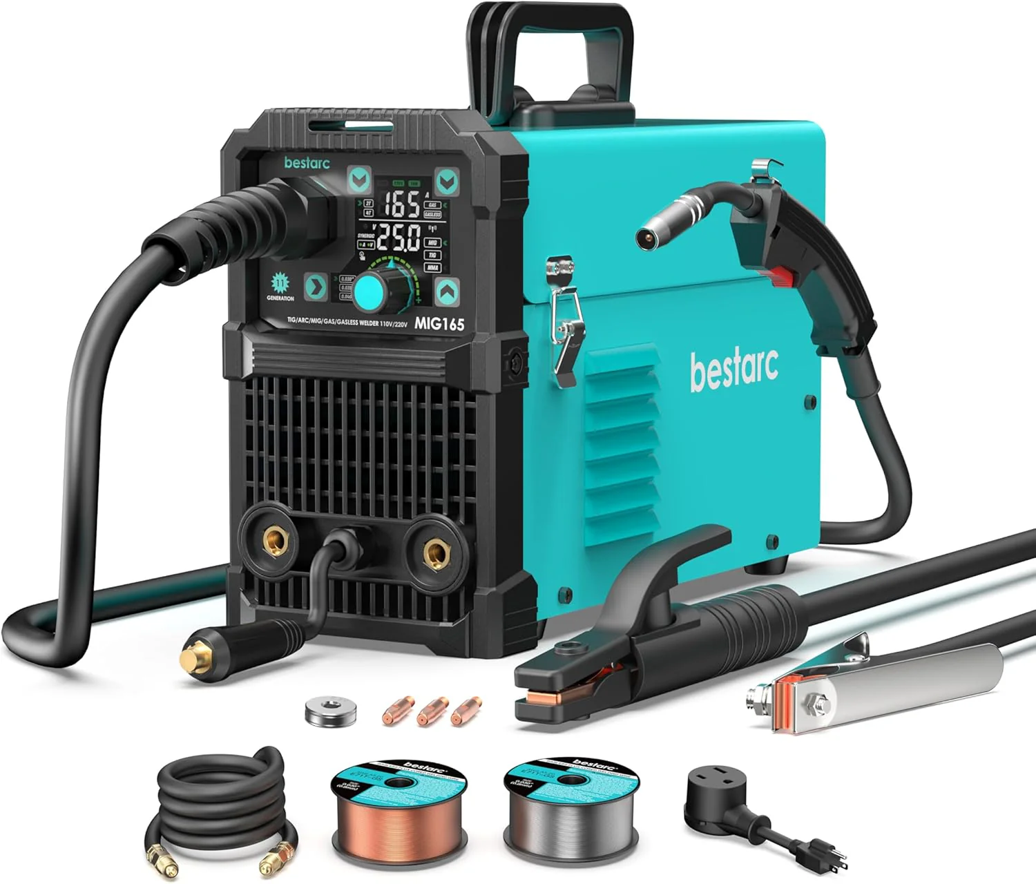 145A MIG Welder, 110V/220V Dual Voltage Gas/Gasless Flux Core MIG Welder/Lift TIG/Stick 3 in 1 Synergic MIG145 9GEN Welding Machine, Flux/Solid Welder Digital Screen Display