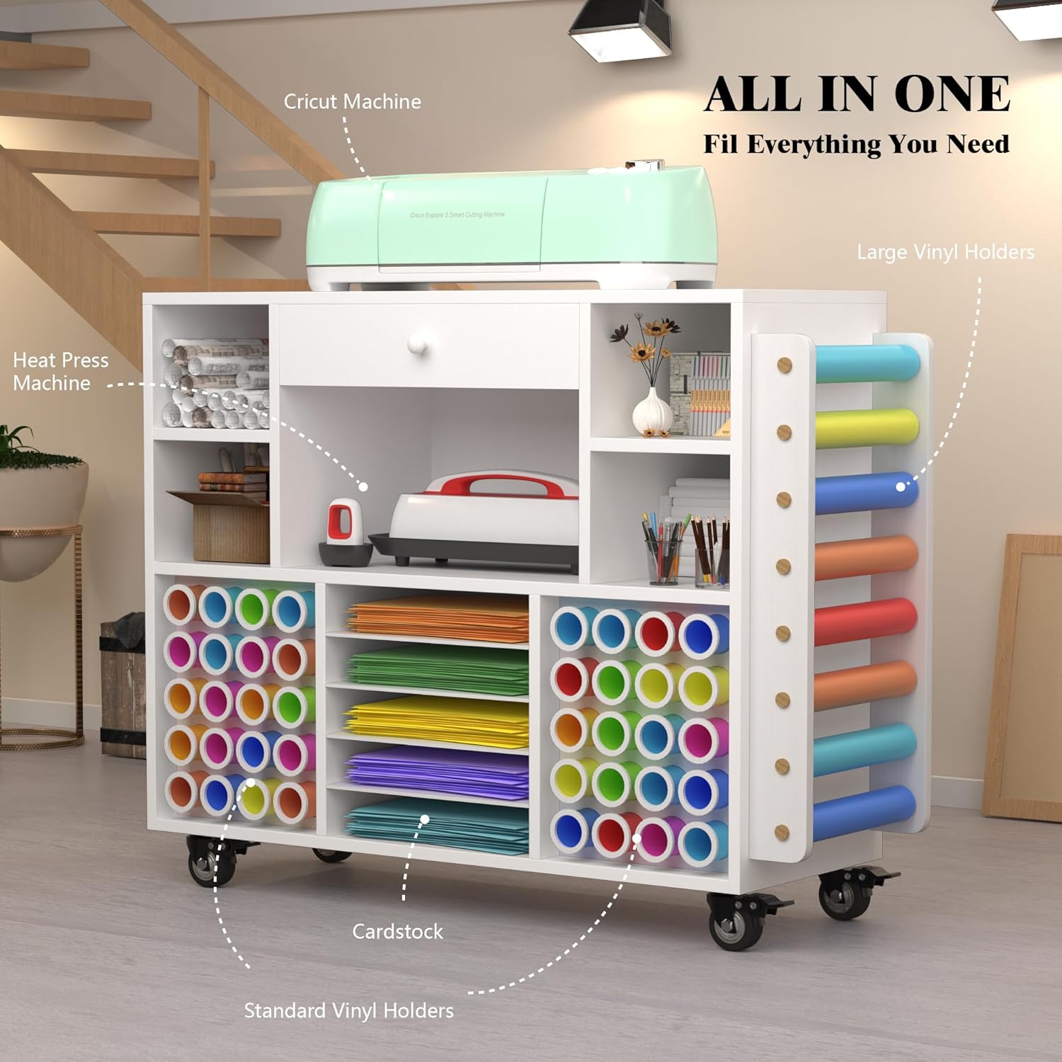 2025 Craft organization and storage Cart Compatible with Cricut Machine, Rolling Craft Organizer With large drawer & 48 Vinyl Roll Holder, Crafting Cabinet Table Workstation for Craft Room Home