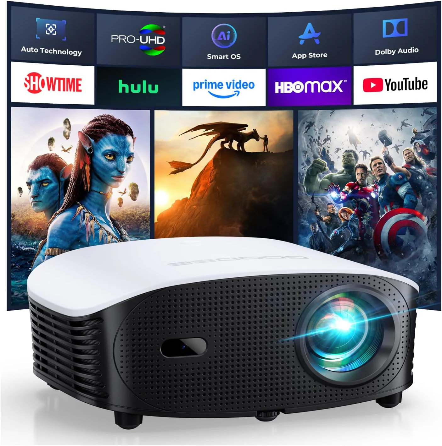 GooDee Smart Mini Projector with WiFi and Bluetooth - 1200 ANSI 4K Support