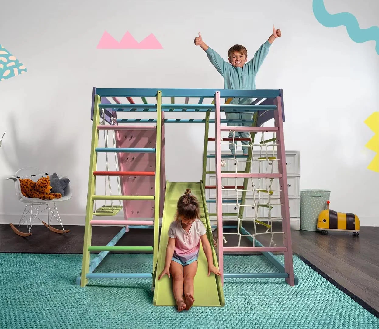 Avenlur Magnolia Indoor Playground 6-in-1 Jungle Gym Montessori Waldorf Style Wooden Climber Playset Slide, Rock Climbing Wall, Rope Wall Climber, Monkey Bars, Swing for Toddlers, Children Kids 2-8yrs