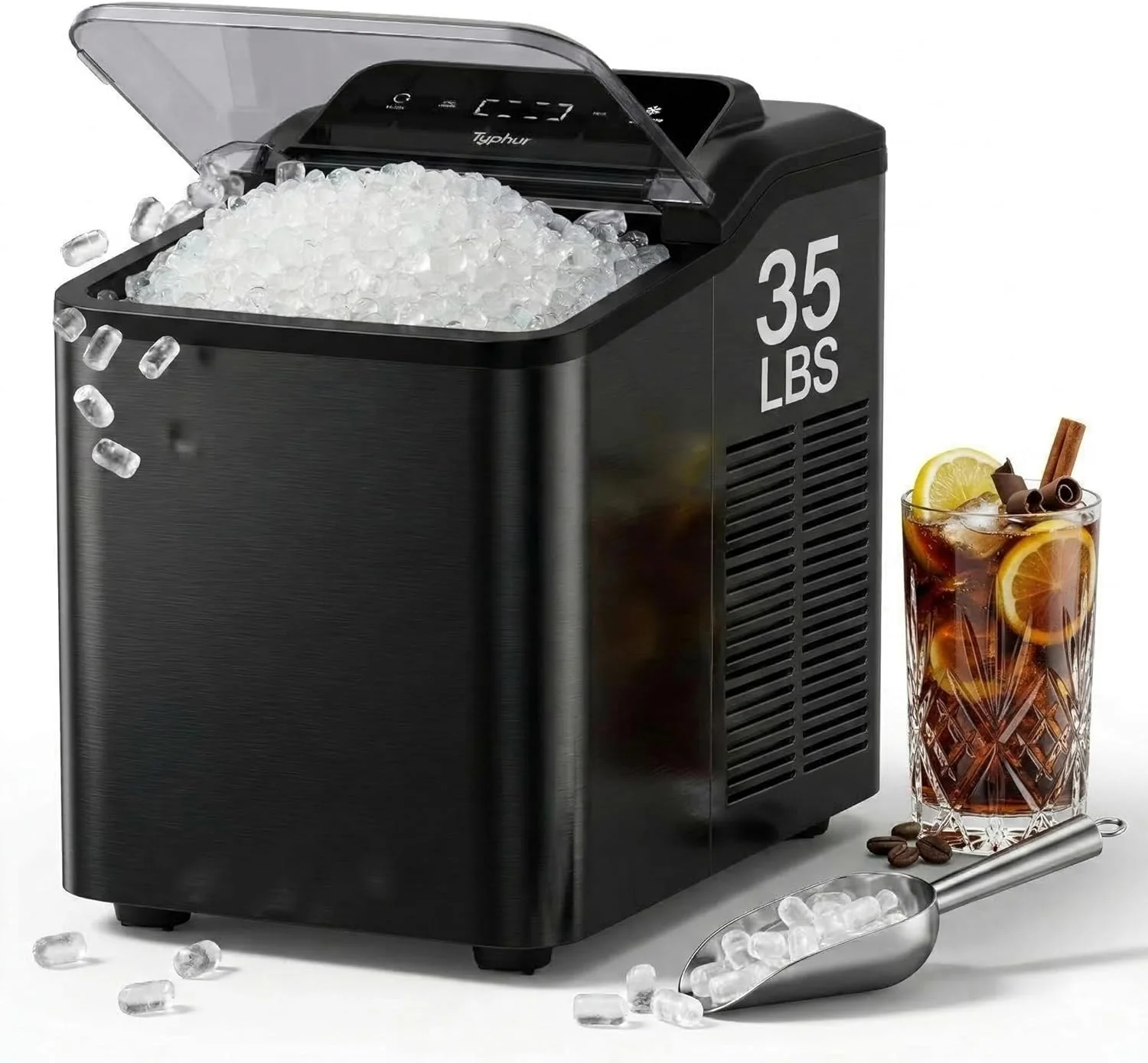 Typhur Fast Nugget Ice Maker Countertop with Self-Cleaning Pump, 35lbs/24H Crushed Pebble Ice Machine with Pellet Ice, 8 Packs Cleaner, Dual Ice Scoops for Home, Kitchen, Party, RV, Stainless Steel