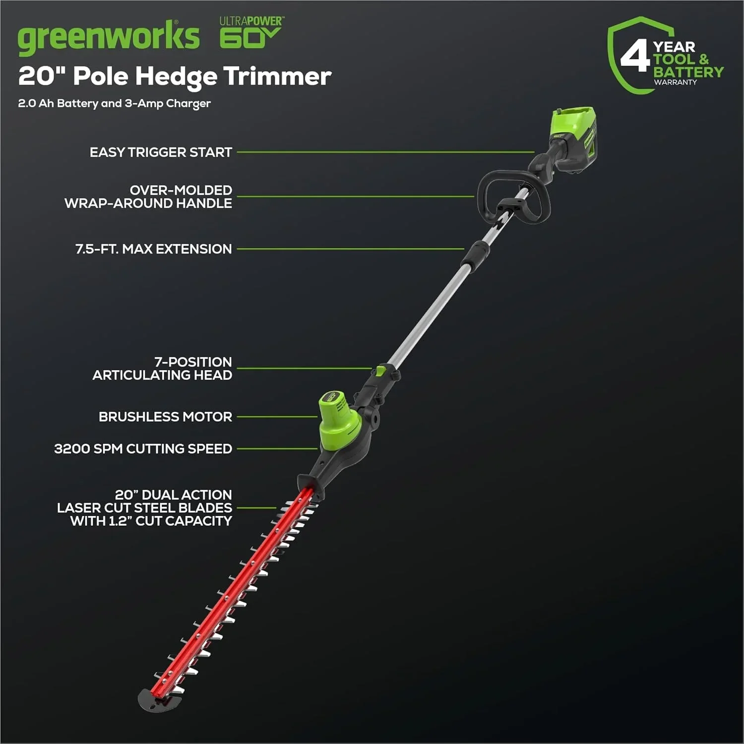Greenworks 60V 20" Brushless Cordless Battery Powered Pole Hedge Trimmer, 2.0Ah Battery and Charger Included