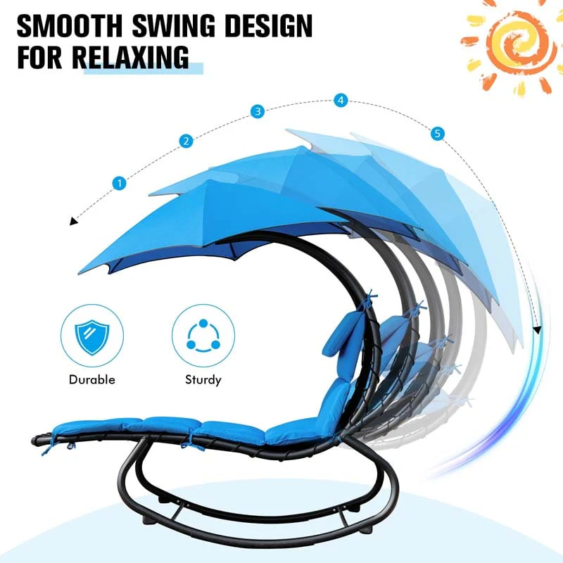 Full-Padded Hammock Chair Swing Patio Sun Lounger with Shade Canopy, Outdoor Chaise Lounge Hanging Chair for Pool Beach Deck