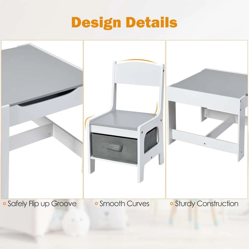 3-in-1 Kids Wood Table Chairs Set with Blackboard & Storage Drawers, Children Multi Activity Table for Learning Playing Drawing