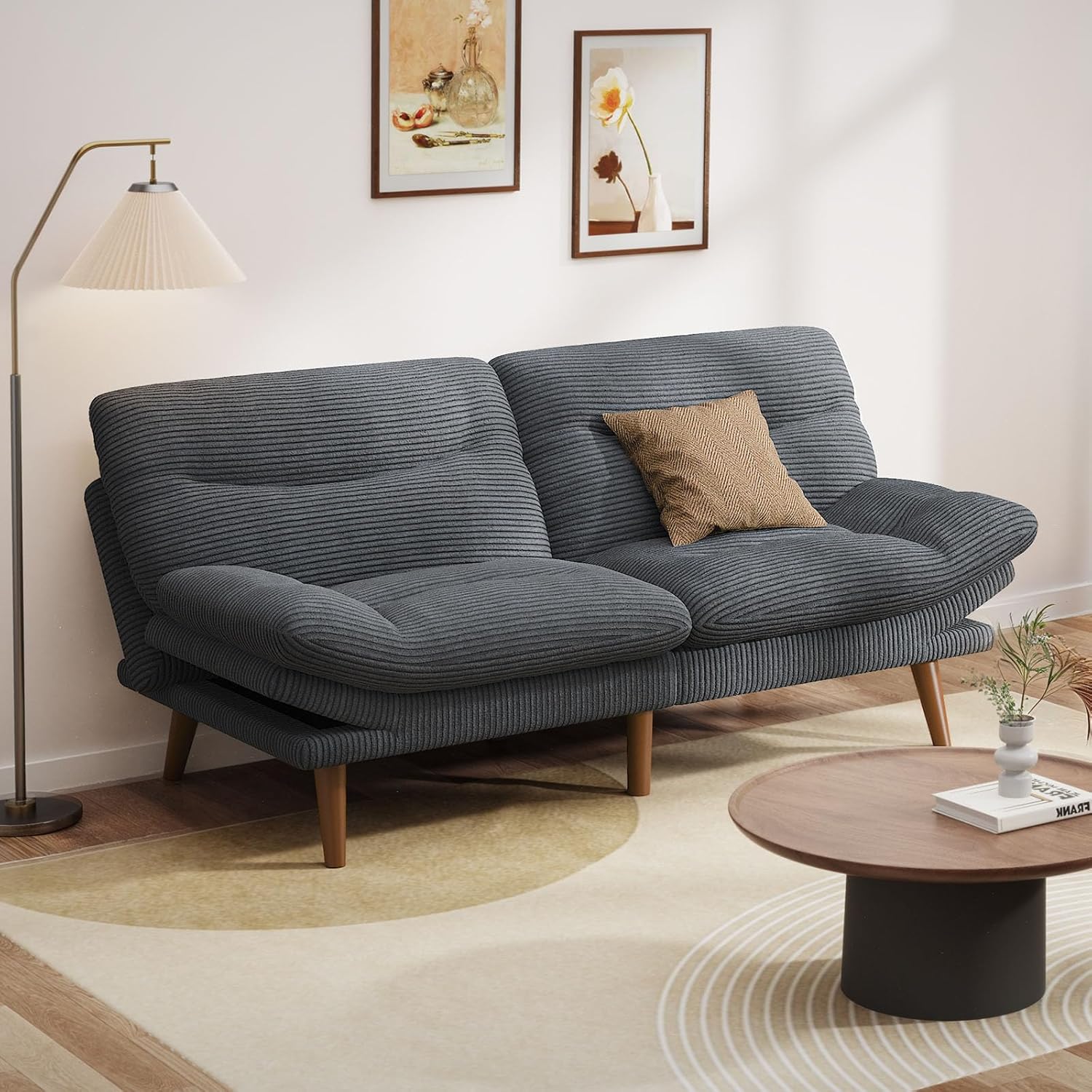Pipishell Convertible Futon Sofa Bed,66" Corduroy Futon Couch with Adjustable Backrest and Armrests, Recliner Sleeper Sofa for Small Spaces, Play Room or Office, Grey
