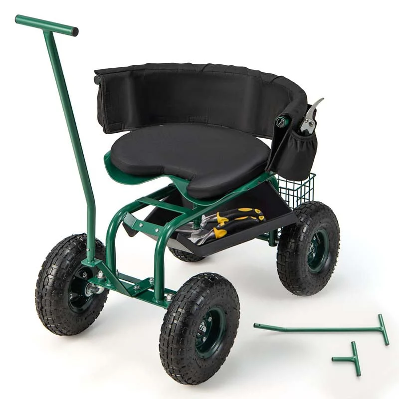 Green Rolling Garden Cart Workseat Garden Scooter with 360 Degree Swivel Cushioned Seat & Tool Storage, 2 Steering Handles