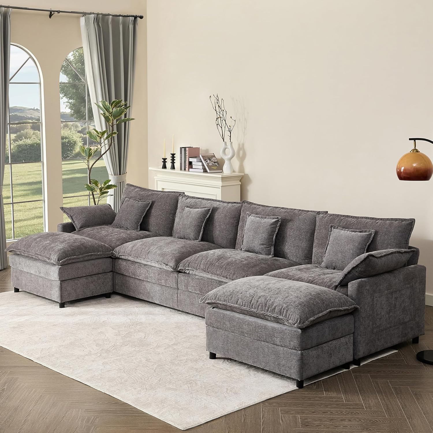 108" U Shaped Couch, Modular Sectional Sofa, 3-Seater Comfy Cloud Couch with Movable Ottoman, Deep Seat Couches for Living Room, Chenille, Slate