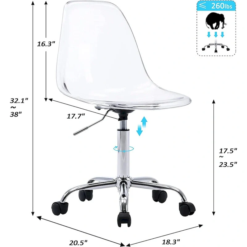 Acrylic Swivel adjustable height Armless Home office Rolling Chair
