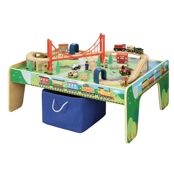 50 Piece Wooden Train Set with Activity Table   Storage Bin   100% Hardwood Track, Engine, Oil Tanker, Caboose, Fire Engine, Station, Policeman, Farm Animals. Compatible with All Major Brands