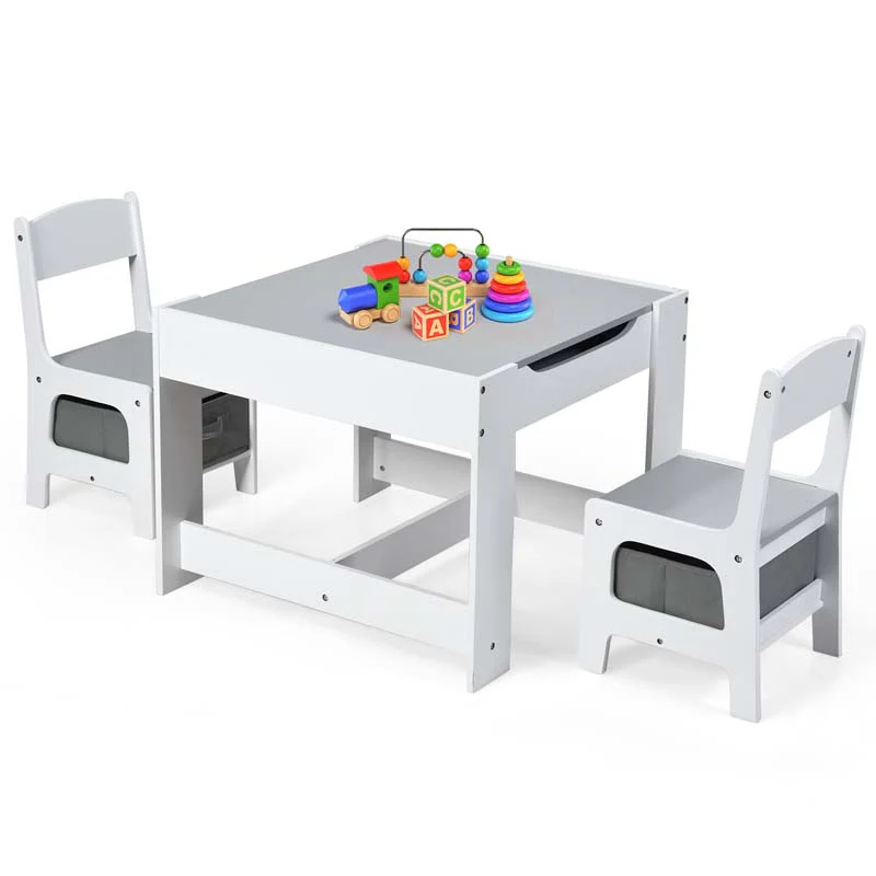 3-in-1 Kids Wood Table Chairs Set with Blackboard & Storage Drawers, Children Multi Activity Table for Learning Playing Drawing