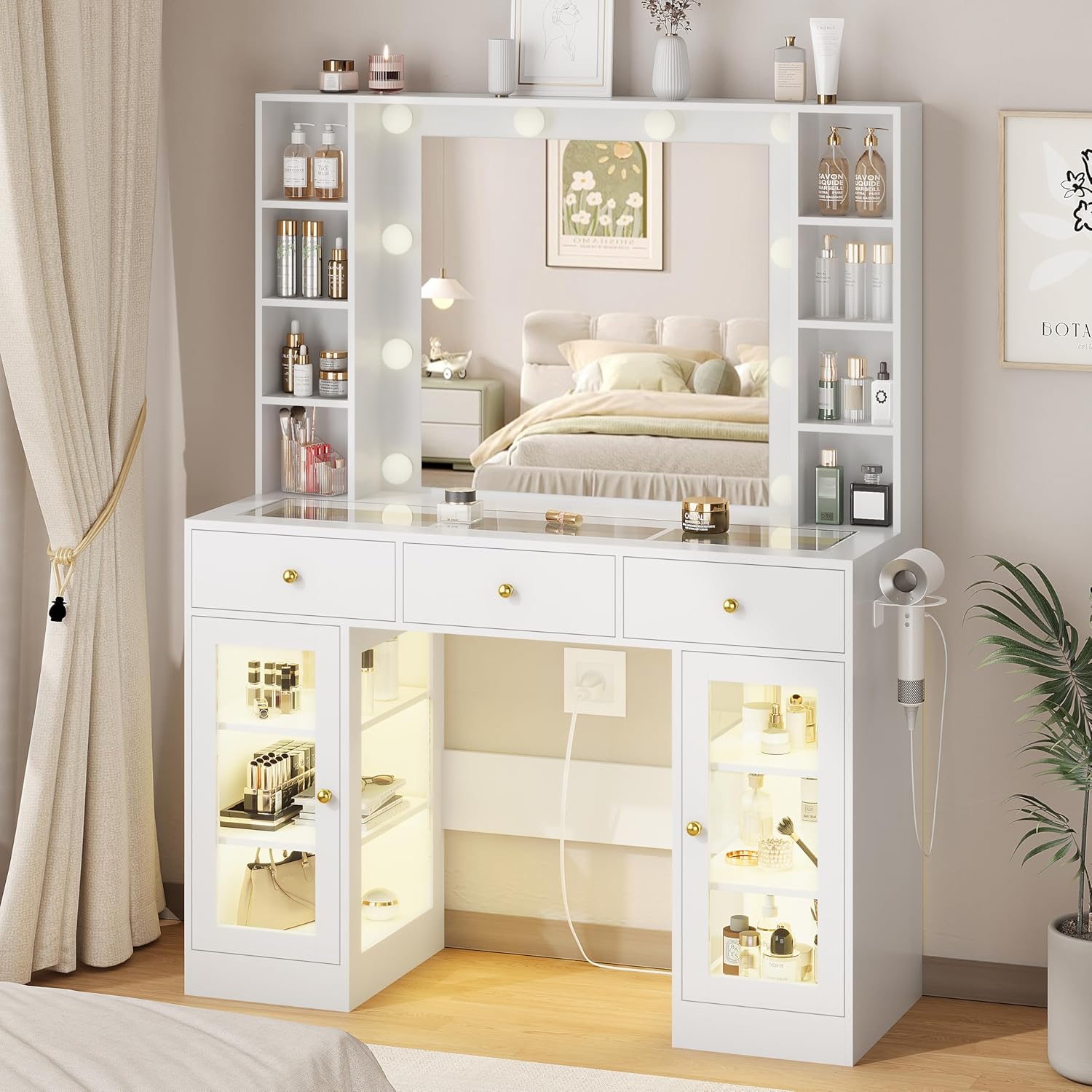 White Vanity Desk with Mirror and Lights, Glass Top Vanity with Lighted Mirror & RGB Glass Cabinet and 3 Drawers, Makeup Vanity Desk with Lights Dressing Table for Bedroom, 3 Color Modes