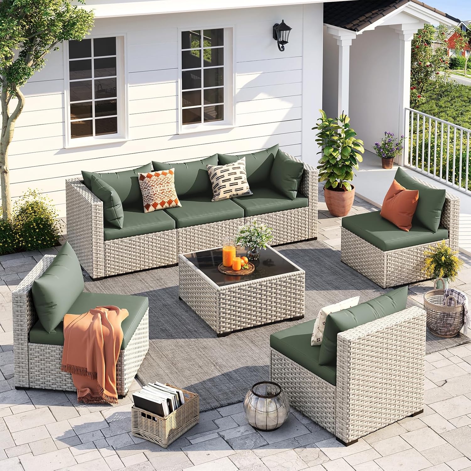 UDPATIO Outdoor Patio Furniture Set, 7-Piece PE Wicker Sectional Sofa with Tea Table, Outdoor Conversation Set for Patio, Garden, Backyard Green