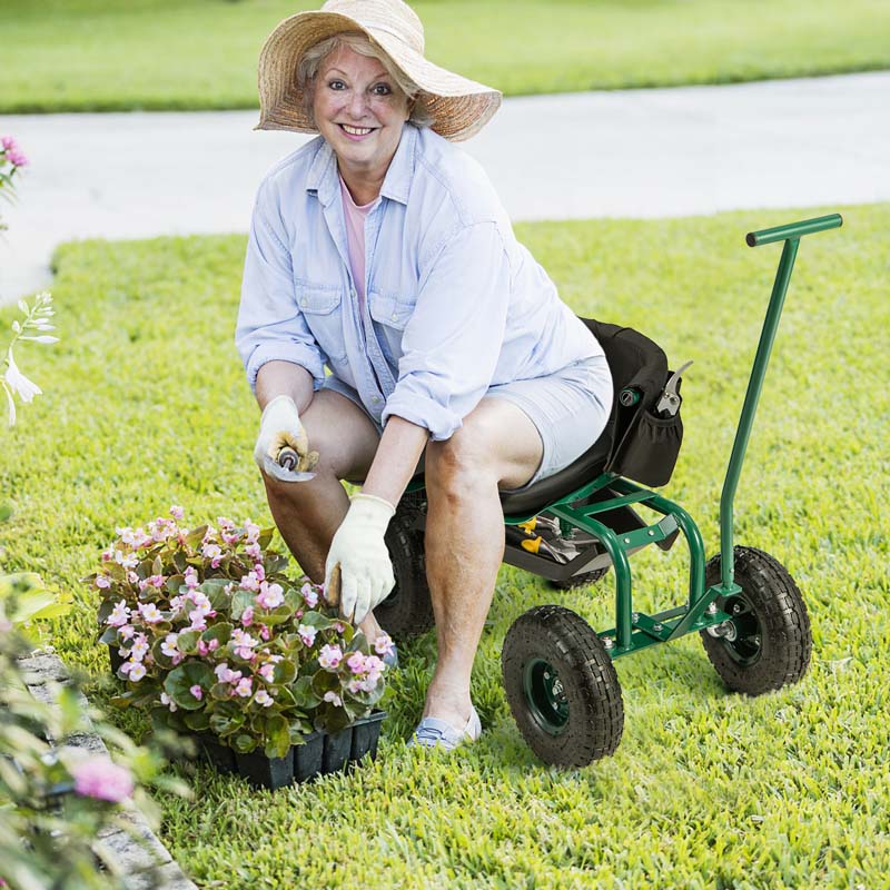 Green Rolling Garden Cart Workseat Garden Scooter with 360 Degree Swivel Cushioned Seat & Tool Storage, 2 Steering Handles