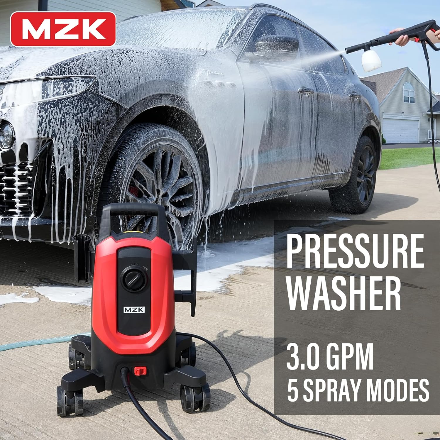 MZK electric high-pressure cleaner with 360掳 quick-connect nozzle and replaceable foam cannon