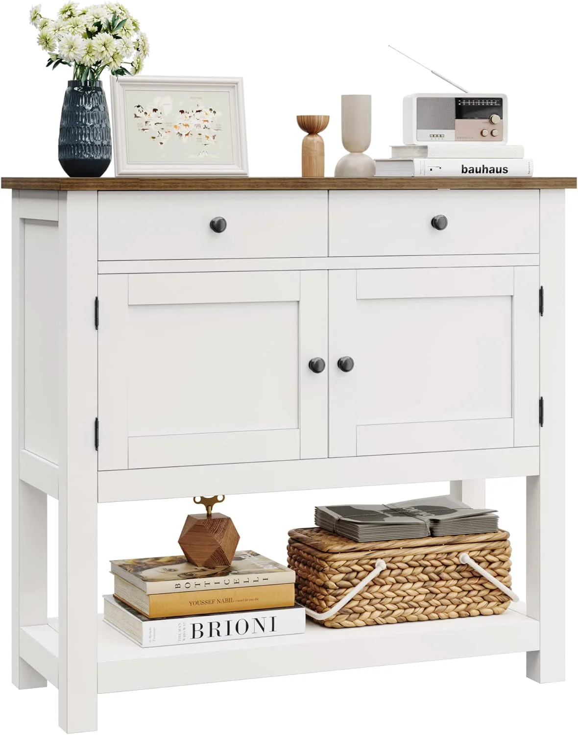 HOSTACK Farmhouse Console Table with 2-Door Cabinet & 2 Drawers, Coffee Bar, Entryway Table with Storage Shelf, Sofa Tables Buffet Sideboard for Kitchen, Hallway, Dining, Living Room, Rustic Brown