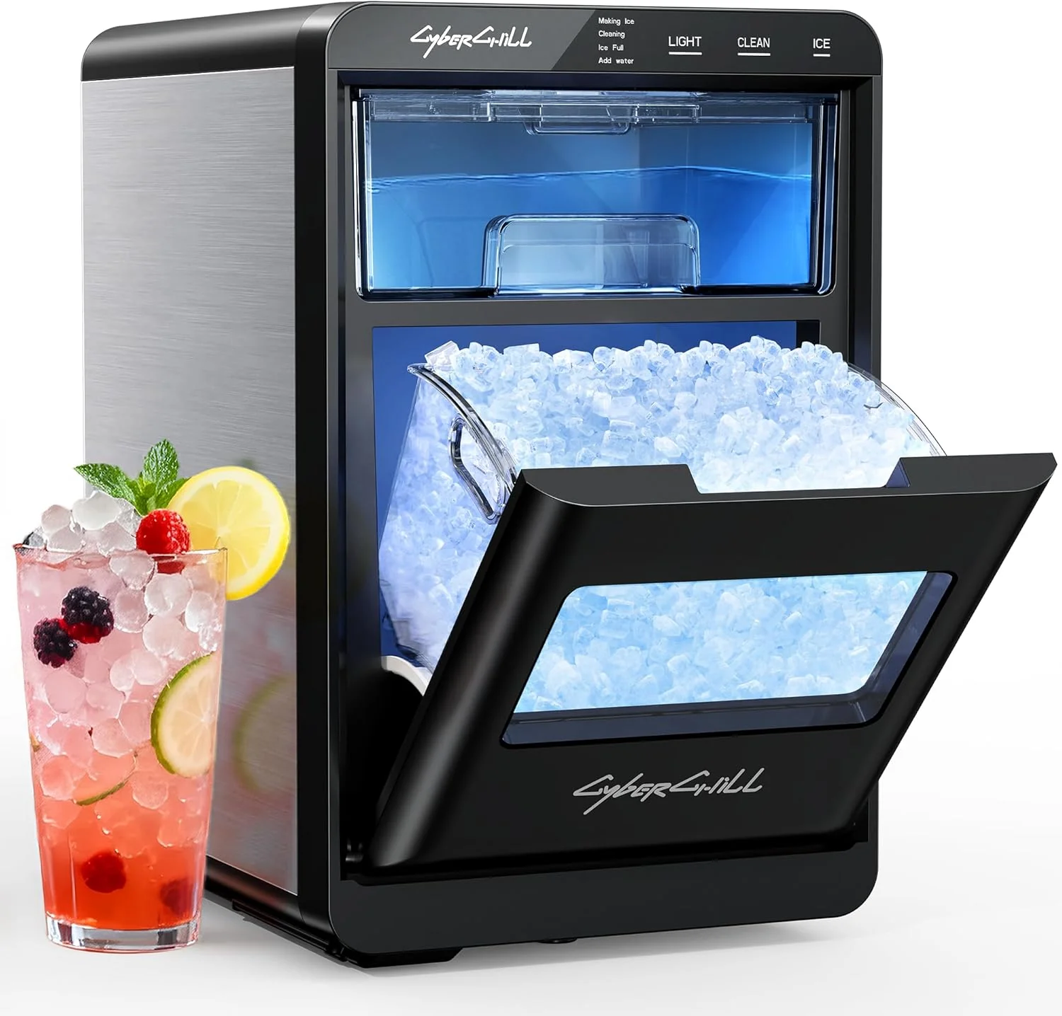 CyberChill Nugget Ice Maker Countertop 44lbs Per Day Pebble Sonic Ice Makers Machine Chewable Pellet Ice with Self-Cleaning Removable Water Tank See Through Window for Home/Kitchen/Office