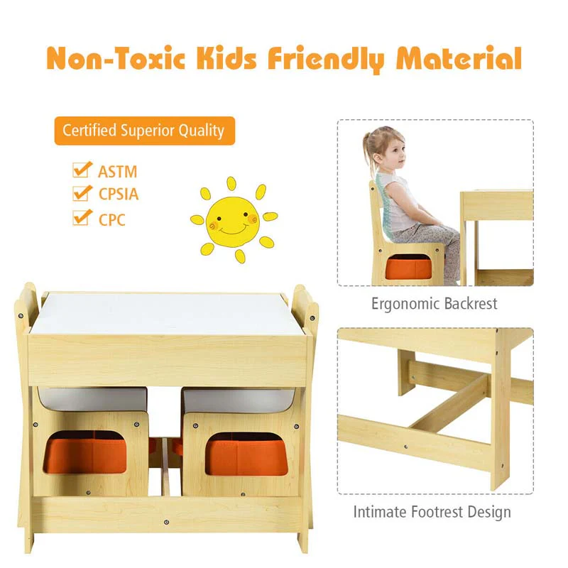 3-in-1 Kids Wood Table Chairs Set with Blackboard & Storage Drawers, Children Multi Activity Table for Learning Playing Drawing