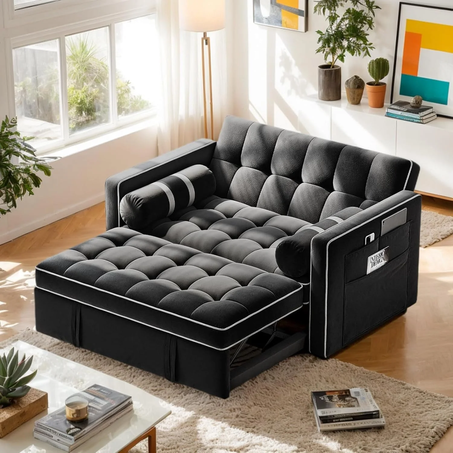 Pipishell 3 in 1 Convertible Sleeper Sofa Bed,Pull Out Couch for Living Room with USB Ports & Side Pockets,Adjustable Backrest,Velvet,Loveseat Sofa Bed,Futon Couches,Black